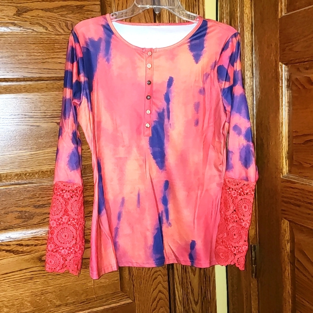 Tye Dyed womens Long sleeve lace shirt 2XL fits like XL